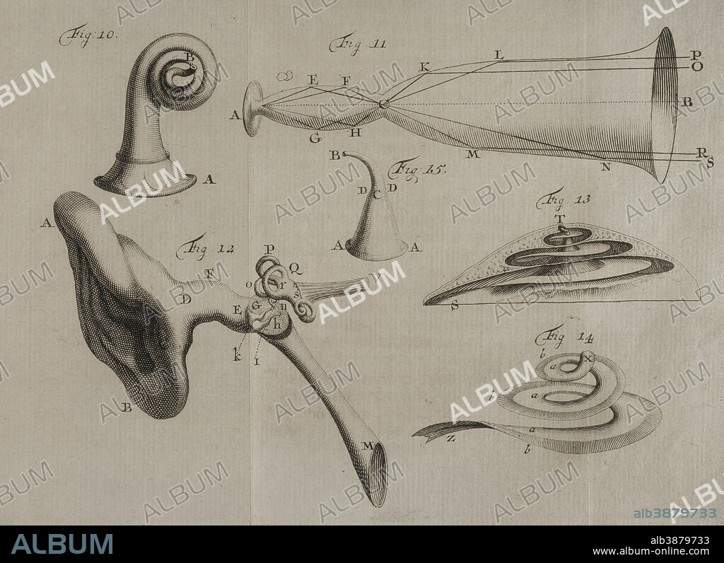 Petrus (Pieter) van Musschenbroek (Leiden, 1692-Leiden, 1761). Médico y físico neerlandés. Ensayo de Física. Con una descripción de nuevos tipos de máquinas neumáticas. Tomo II. Lámina con dibujos referentes al sonido y su propagación. Obra traducida del holandés al francés por Pierre Massuet. Obra editada en Leiden, Paises Bajos, 1739. Biblioteca Histórico Militar de Barcelona. Cataluña. España.