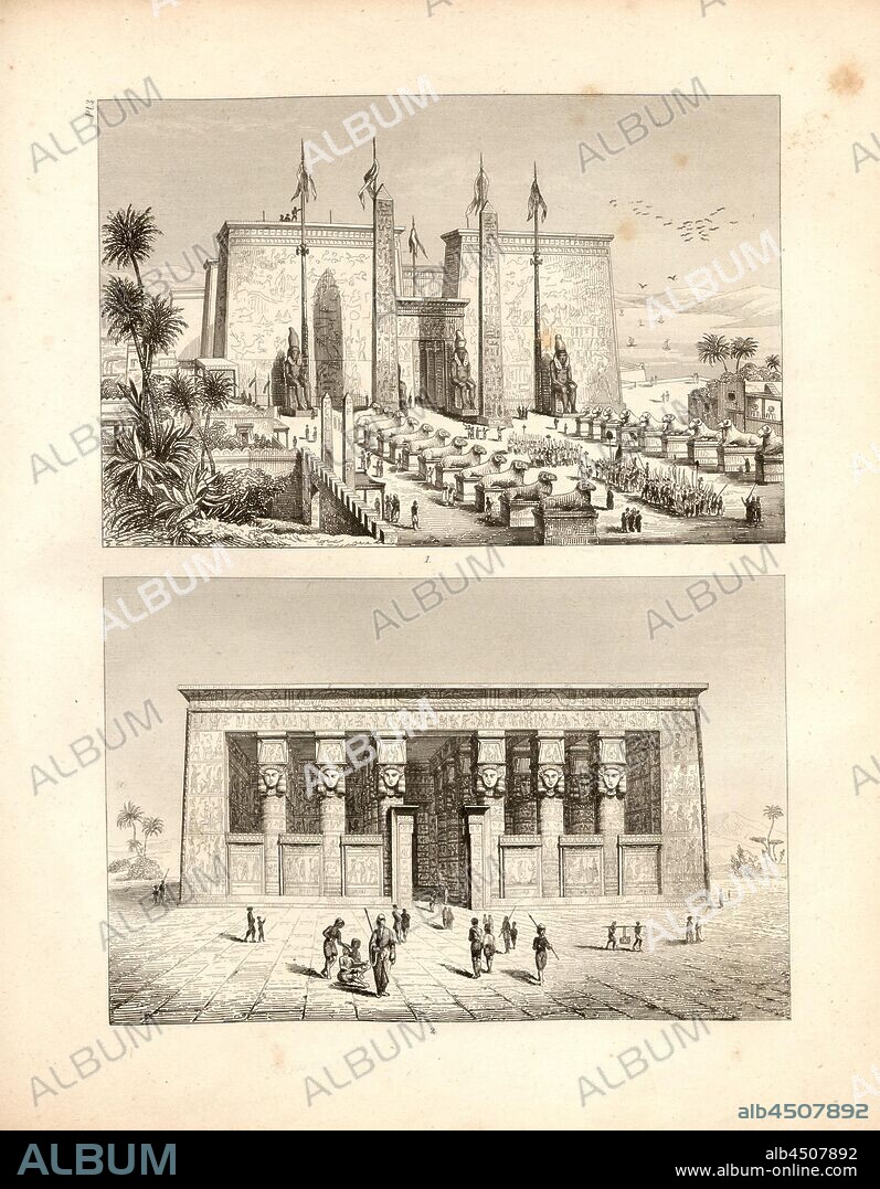 Temple in Luxor and Dendera, Fig. 1: Temple of Luxor, after a fortuitous restoration, Fig. 2: View of the Temple of Dendera (Tenthris), Pl. 3, after p. 124, fol. 3r, Carl August Menzel: Die Kunstwerke von dem Alterthum bis in die Gegenwart [...] oder Wegweiser durch das ganze Gebiet der bildenden Kunst [...]. Bd. 1. Leipzig: J. A. Romberg's Verlag, [18--].