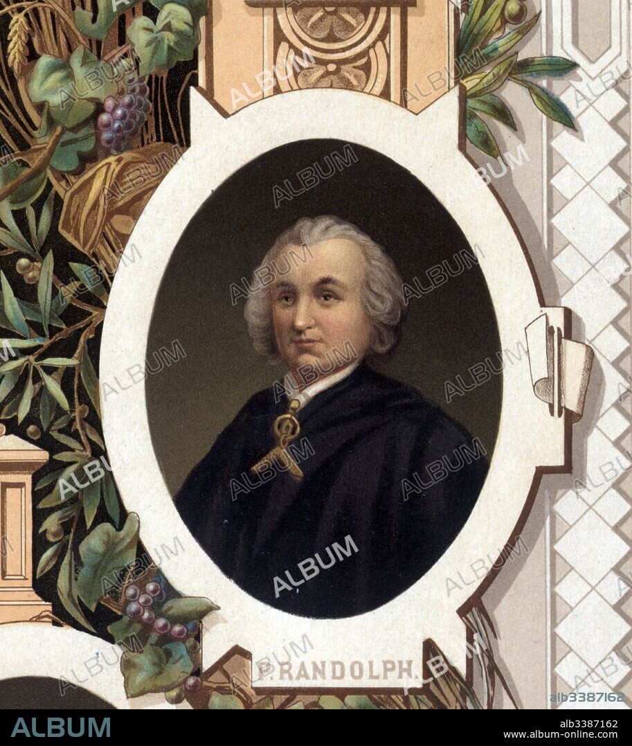 Peyton Randolph (September 10, 1721 - October 22, 1775) was a planter and public official from the Colony of Virginia. He served as Speaker of the Virginia House of Burgesses, president of Virginia Conventions, and the first President of the Continental Congress. Taken from an illustration of 1800 titled 'Distinguished masons of the revolution'.