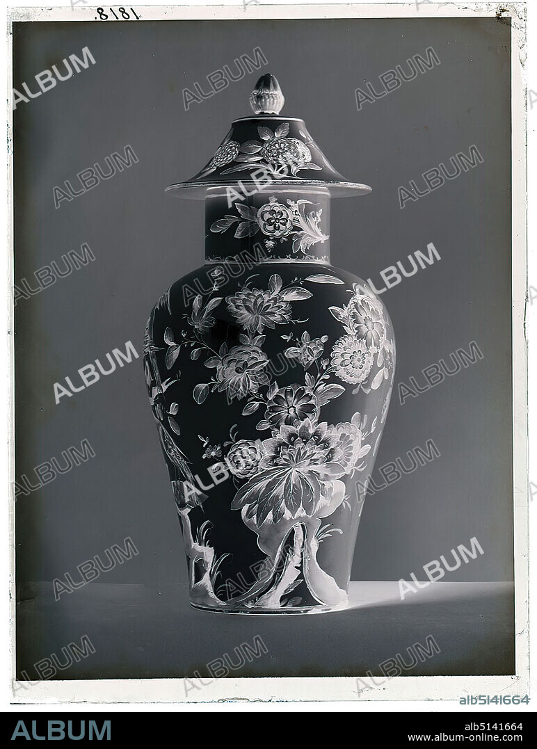 Wilhelm Weimar, Vase with birds of paradise and peonies, glass negative, black and white negative process, total: height: 23,8 cm; width: 17,8 cm, numbered: top left: in black ink: 1818. work of applied art (ceramics), flowers, birds, containers (ceramics): vessel, jug, pot, vase, peony.