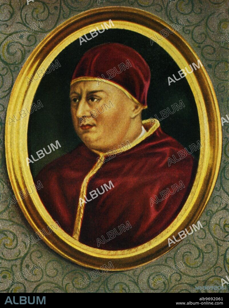 Leo X - Papst (1475-1521) - after a miniature of the 19th century after a painting by Rafael -. Pope Leo X, born Giovanni di Lorenzo de' Medici (11 December 1475 - 1 December 1521) was Pope from 1513 to his death. He is known primarily for the sale of indulgences to reconstruct St. Peter's Basilica and his challenging of Martin Luther's 95 theses. He was the second son of Lorenzo de' Medici, the most famous ruler of the Florentine Republic, and Clarice Orsini. ©TopFoto.