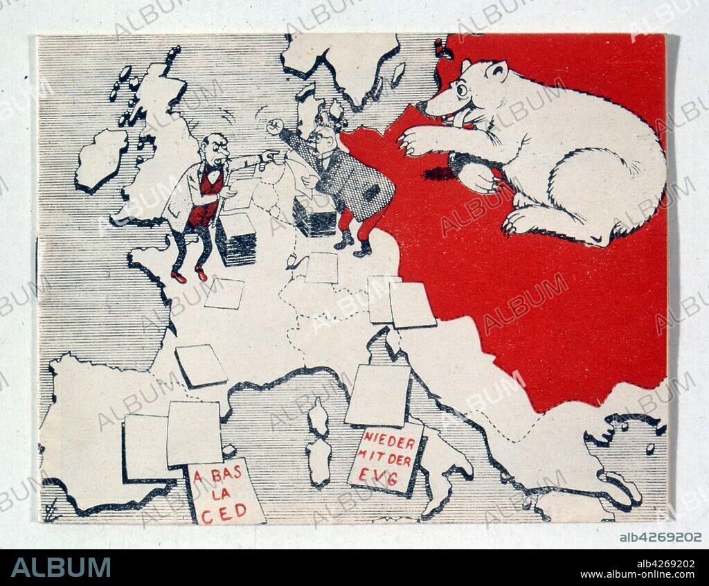 Propaganda poster against the Treaty establishing the European Defence Community, signed on 27 May 1952 by the six 'inner' countries of European integration, West Germany, France, Italy, and the Benelux countries. The treaty would have created a European Defence Community (EDC) with a pan-European defence force. The treaty failed to obtain ratification in the French parliament, and consequently never entered into force.