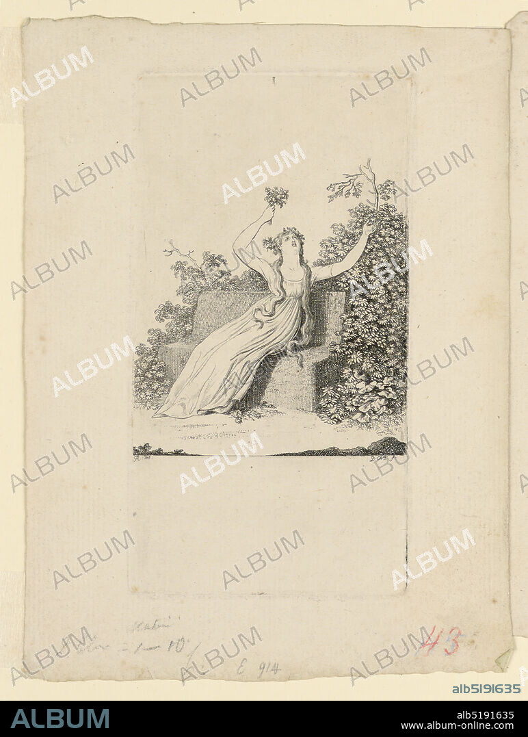 Madame Unzelmann in the Part of 'Nina', Daniel Nikolaus Chodowiecki, German, 1726 - 1801, Engraving on paper, The seated figure of the acress, Madame Friederike Unzelmann is seen seated in a landscape in a scene from the first act of Armand's play 'Nina,' in the part of Nina. She holds aloft a bouquet., Berlin, Germany, 1799, Print, Print.