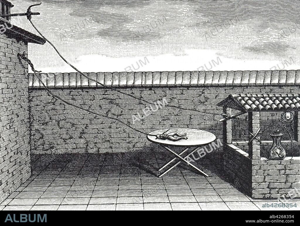 Engraving depicting Luigi Galvani's outdoor experiment which investigates the behaviour of muscles stimulated by electricity. Luigi Galvani (1737-1798) an Italian physician, physicist, biologist and philosopher. Dated 18th century.