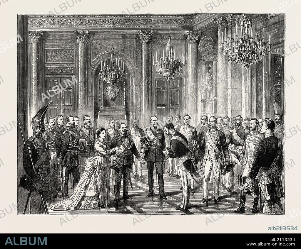 VISIT OF KING VICTOR EMMANUEL TO BERLIN: PRESENTATION OF STATE DIGNITARIES TO THE KING ON HIS ARRIVAL AT THE PALACE, GERMANY, 1873 engraving.