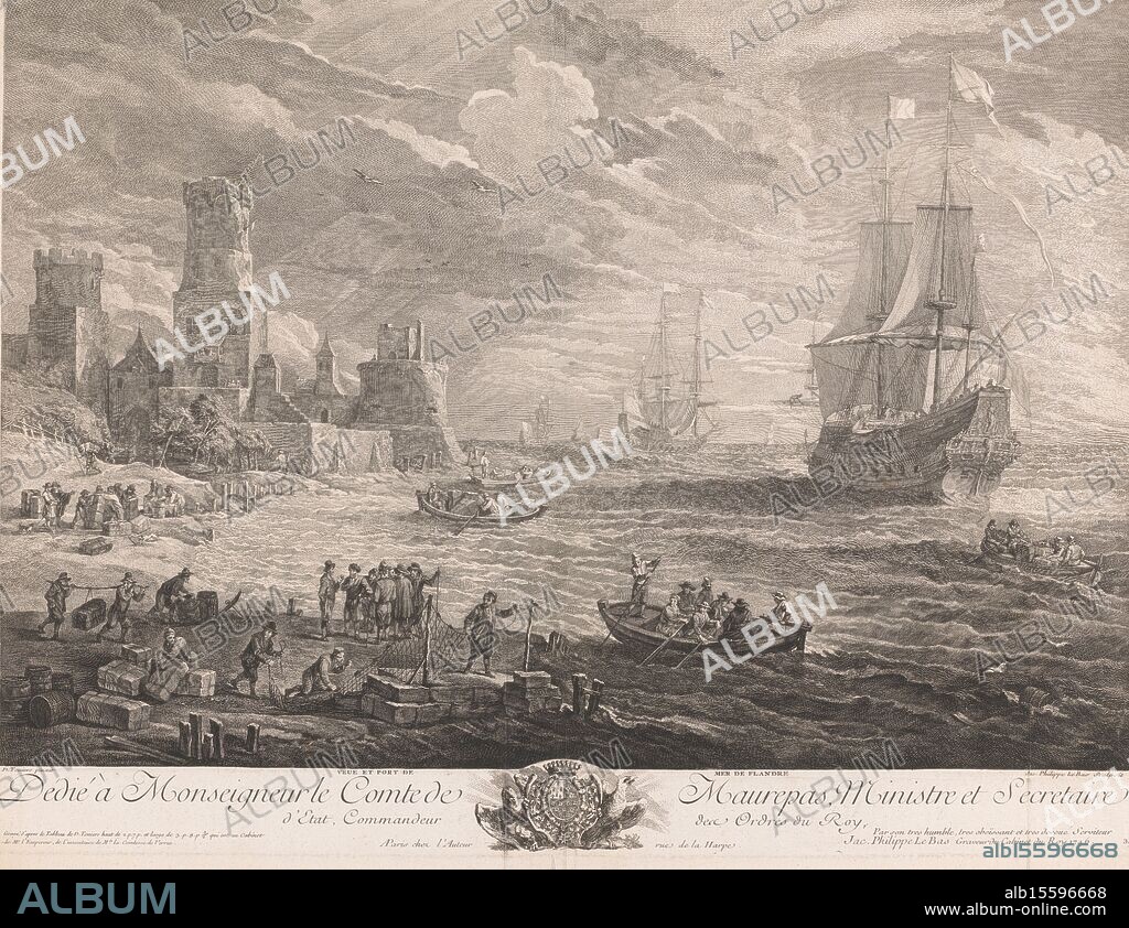 View of a harbour, Vue et Port de Mer de Flandre (title on object), Numbered bottom right: 39e Te., print, print maker: Jacques-Philippe Le Bas, (mentioned on object), after painting by: David Teniers (II), (mentioned on object), publisher: Jacques-Philippe Le Bas, (mentioned on object), Paris, 1746, paper, etching, engraving, height, 500 mm × width, 665 mm.