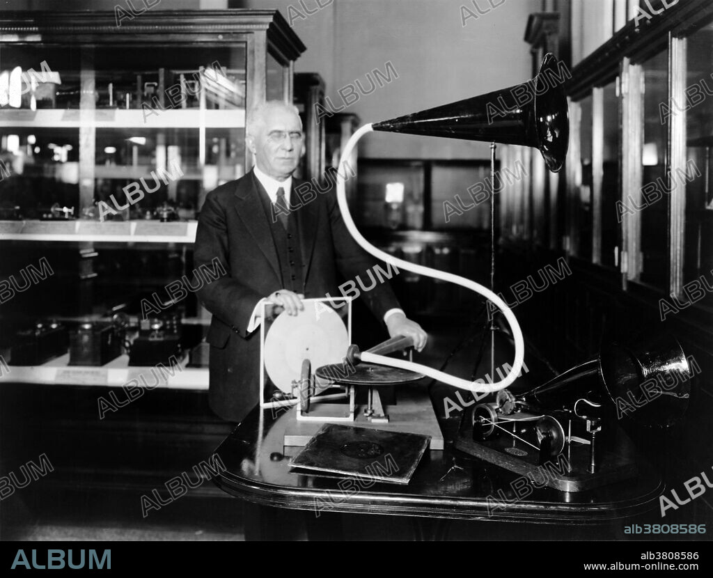 Berliner, with the model of the first phonograph machine which he invented. Emile Berliner (May 20, 1851 - August 3, 1929) was a German-born American inventor. In 1886 Berliner began experimenting with methods of sound recording. He was granted his first patent for what he called the "gramophone" in 1887. The first gramophones recorded sound using horizontal modulation on a cylinder coated with a low resistance material such as lamp black, subsequently fixed with varnish and then copied by photoengraving on a metal playback cylinder. This was similar to the method employed by Edison's machines. In 1888 Berliner invented a simpler way to record sound by using discs. Berliner's other inventions include a new type of loom for mass-production of cloth; an acoustic tile; and an early version of the helicopter through the development of a light-weight rotary engine. Berliner, who suffered a nervous breakdown in 1914, was also active in advocating improvements in public health and sanitation. He died of a heart attack in 1929 at the age of 78.