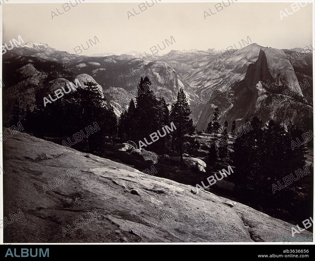 View from the Sentinel Dome, Yosemite. Artist: Carleton E. Watkins (American, 1829-1916). Dimensions: Image 1: 40.3 × 52.1 cm (15 7/8 × 20 1/2 in.)
Mount 1: 53.4 x 68.7cm (21 x 27 1/16in.)
Image 2: 40.0 x 52.5 cm (15 3/4 x 20 11/16 in.)
Mount 2: 53.3 x 68.8cm (21 x 27 1/16in.)
Image 3: 40.8 x 52.5cm (16 1/16 x 20 11/16in.)
Mount 3: 53.2 x 68.7cm (20 15/16 x 27 1/16in.). Date: 1865-66.
Carleton Watkins made his name with views of Yosemite Valley, which he photographed repeatedly over a twenty-year period, beginning in 1861. By that time, he was a virtuoso practitioner of the difficult wet-collodion process using "mammoth" glass plates, which rendered the vastness of the landscape and its infinite details with unsurpassed scope and clarity. During a visit to Yosemite in 1865-66, Watkins ascended the Sentinel Dome. He made a series of three photographs of this unparalleled view, each an integral, self-sufficient picture. When seen together, they form a broad and encompassing embrace of the valley.
