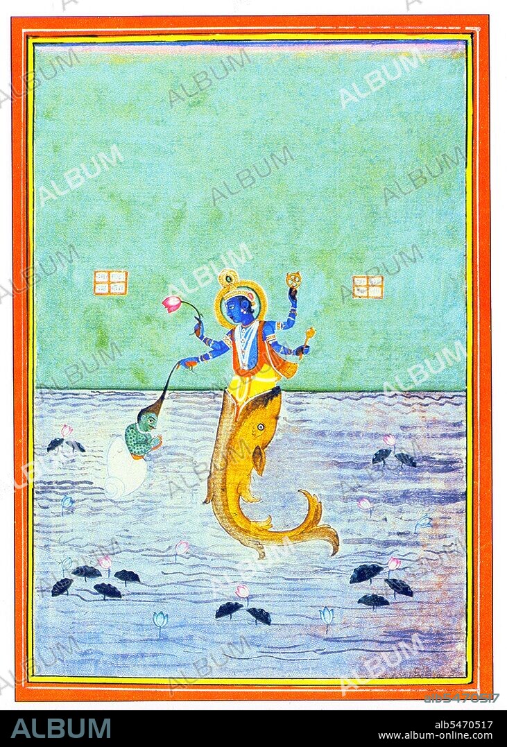 According to the Matsya Purana, the king of pre-ancient Dravida and a devotee of Vishnu, Satyavrata who later was known as Manu was washing his hands in a river when a little fish swam into his hands and pleaded with him to save its life. He put it in a jar, which it soon outgrew. He then moved it to a tank, a river and then finally the ocean but to no avail. The fish then revealed himself to be Vishnu and told him that a deluge would occur within seven days that would destroy all life. Therefore, Satyavrata was instructed to take 'all medicinal herbs, all the varieties of seeds, and accompanied by the seven saints' along with the serpent Vasuki and other animals. Lord Matsya is generally represented as a four-armed figure with the upper torso of a man and the lower of a fish.