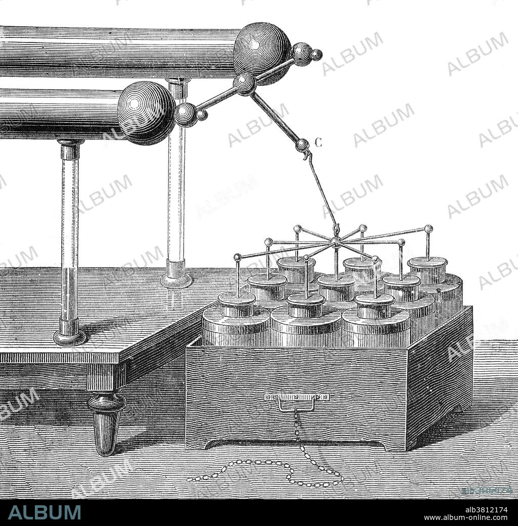 Electric battery composed of nine Leyden jars. A Leyden jar is a device that stores static electricity between two electrodes on the inside and outside of a glass jar. A Leyden jar typically consists of a glass jar with metal foil cemented to the inside and the outside surfaces, and a metal terminal projecting vertically through the jar lid to make contact with the inner foil. It was the original form of a capacitor (originally known as a condenser). It was invented independently by German cleric Ewald Georg von Kleist and by Dutch scientist Pieter van Musschenbroek of Leiden (Leyden) in 1745-46. The invention was named for the city. The Leyden jar was used to conduct many early experiments in electricity, and its discovery was of fundamental importance in the study of electrostatics. The Leyden jar was the first means of storing an electric charge which then could be discharged at the experimenter's will. Leyden jars are still used in education to.