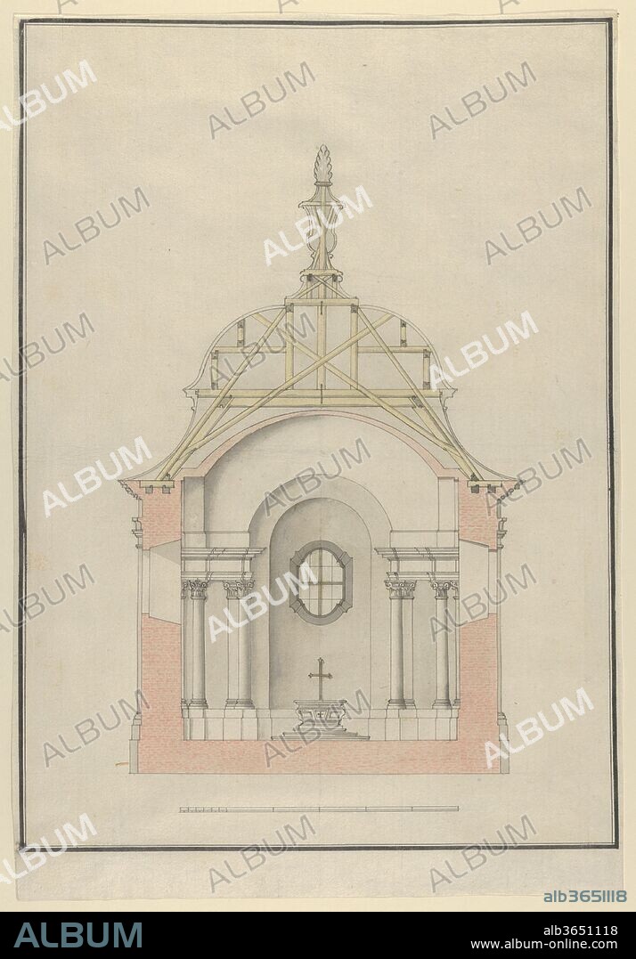 Cross Section of a Baroque Church or Chapel with a Bell-shaped Roof. Dimensions: Sheet: 15 7/8 x 11 1/4 in. (40.4 x 28.6 cm). Date: ca. 1650-1725.
Cross section of a Baroque church or chapel, showing details of the constructrion. The cross section of the walls reveils dense brick work and the cross section of the bell-shaped roof shows the wooden support structure, which reaches all the way into the vase that crowns the building. The interior of the building is characterized by a simple altar with a crucifix, flanked by columns in the Composite order on either side. Below the cross section, a scale has been added.