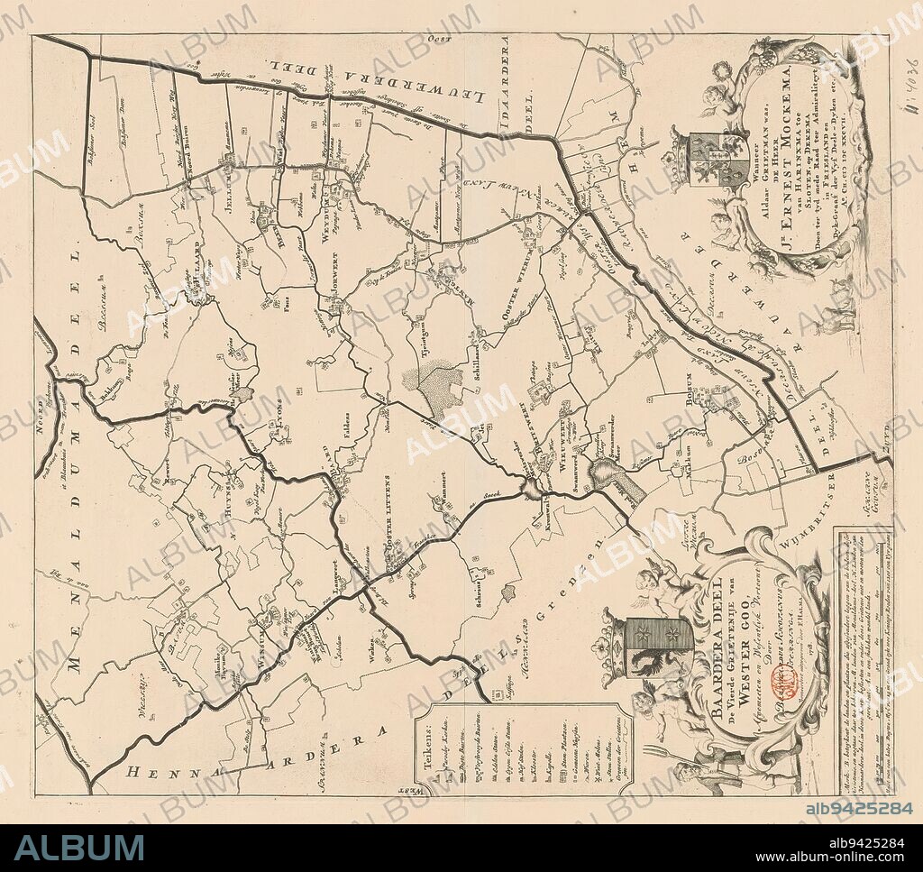 Map of the Baarderadeel district, Baardera part the fourth district of Wester goo (...) (title on object), legend on the left, bottom left title cartouche with the arms of Baarderadeel and next to it a farmer. Below that a scale bar: Maat van een halve Duytze myl van 15 in een graad ofte 1000 konings roeden van 1200 een uyr gaans. Bottom right cartouche with administrative information about the grietij and the coat of arms of grietman Jonker Ernest Mockema., print maker: anonymous, Bernardus Schotanus à Sterringa, (mentioned on object), publisher: François Halma, (mentioned on object), print maker: Amsterdam, Friesland, publisher: Leeuwarden, 1698 and/or 1718, paper, engraving, height 416 mm × width 369 mm.