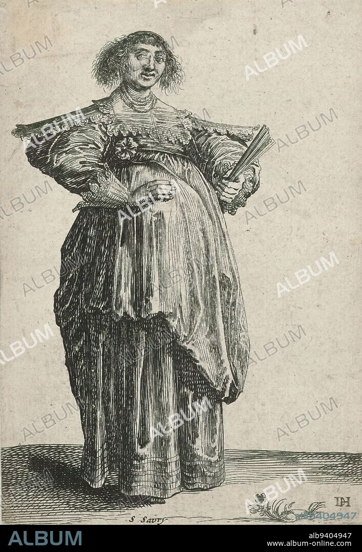 Woman, dressed according to fashion about 1620, holding closed fan, Woman, dressed according to fashion about 1620, standing, turned slightly to the right. In left hand she holds a closed fan, right hand in side., print maker: Salomon Savery, after drawing by: Dirck Hals, c. 1620, paper, etching, height 146 mm × width 100 mm.