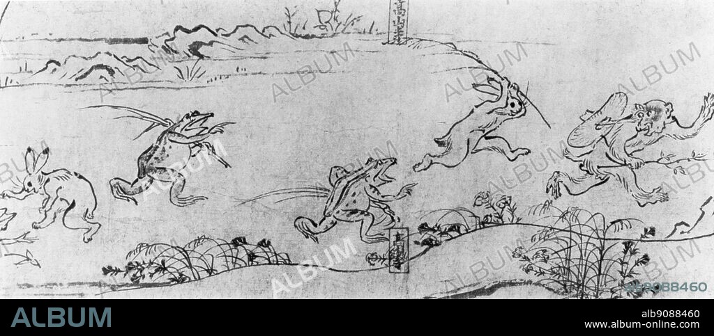 Choju Giga ( Frolicking Animals ), handscroll, ink on paper from the 12th century. The depiction of animals acting in human roles was probably intended as a form of protest against the permissive court society and a mockery of Buddhist ritual (kozan-ji, Kyoto).