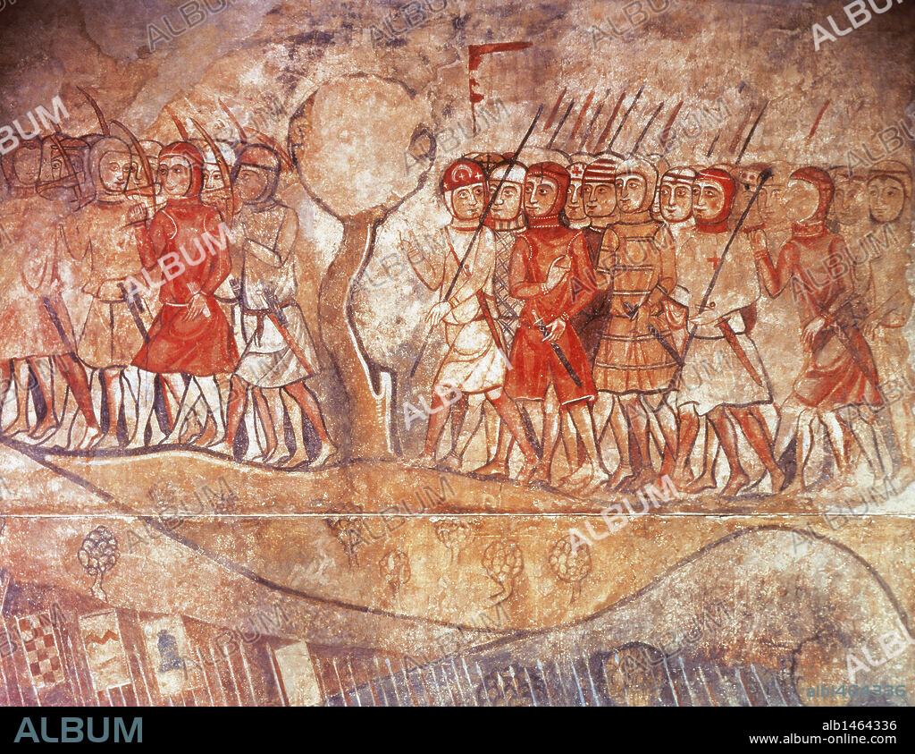 HISTORIA MEDIEVAL. Soldados del ejército del rey Jaime I (1208-1276) (grupo de infantería, con lanzas y arcos). Detalle de las pinturas murales del Salón del Tinell (antiguo Palacio Real Mayor de Barcelona). Segunda mitad del siglo XIII. Museo de Historia de la Ciudad. Barcelona.