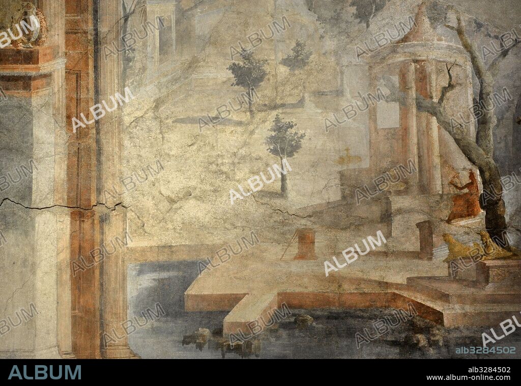 Pintura mural romana que representa un paisaje cercano al templo sagrado, estatuas y plaza arbolada, visto a través de un marco arquitectónico. Procedente del Ekklesiasterion, Templo de Isis, Pompeya. Museo Arqueológico Nacional. Nápoles. Italia.