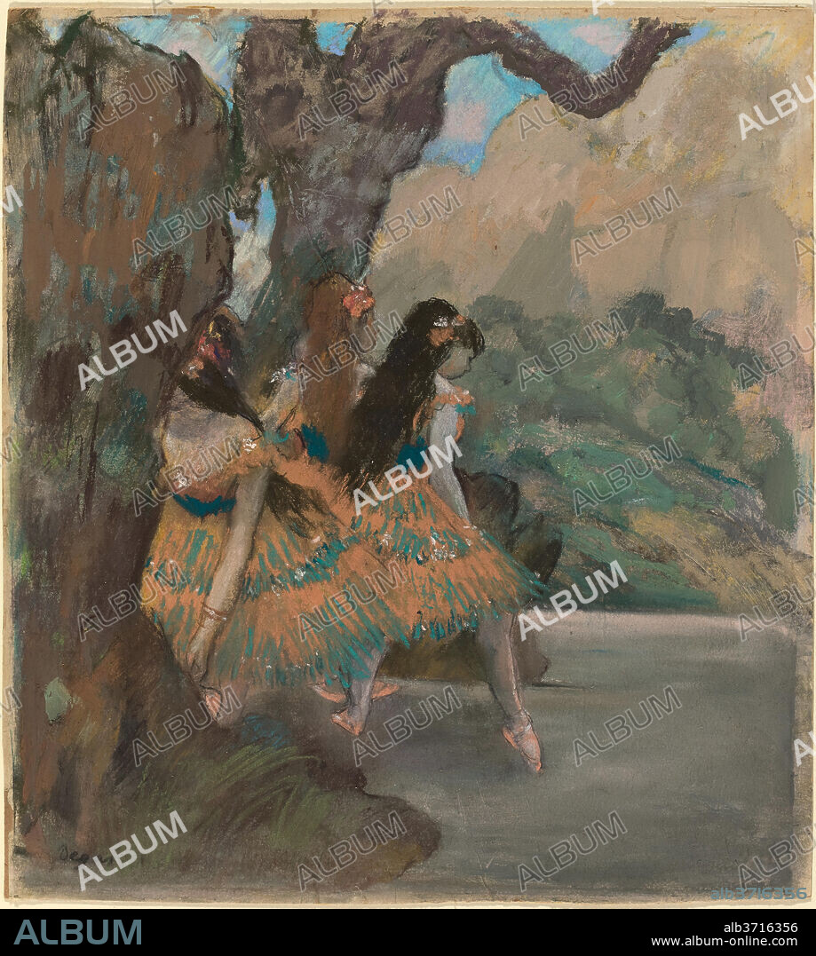 EDGAR DEGAS. Ballet Dancers. Dated: c. 1877. Dimensions: Overall: 29.7 x 26.9 cm (11 11/16 x 10 9/16 in.)  framed: 46.6 x 43.5 x 6.3 cm (18 3/8 x 17 1/8 x 2 1/2 in.). Medium: pastel and gouache over monotype.