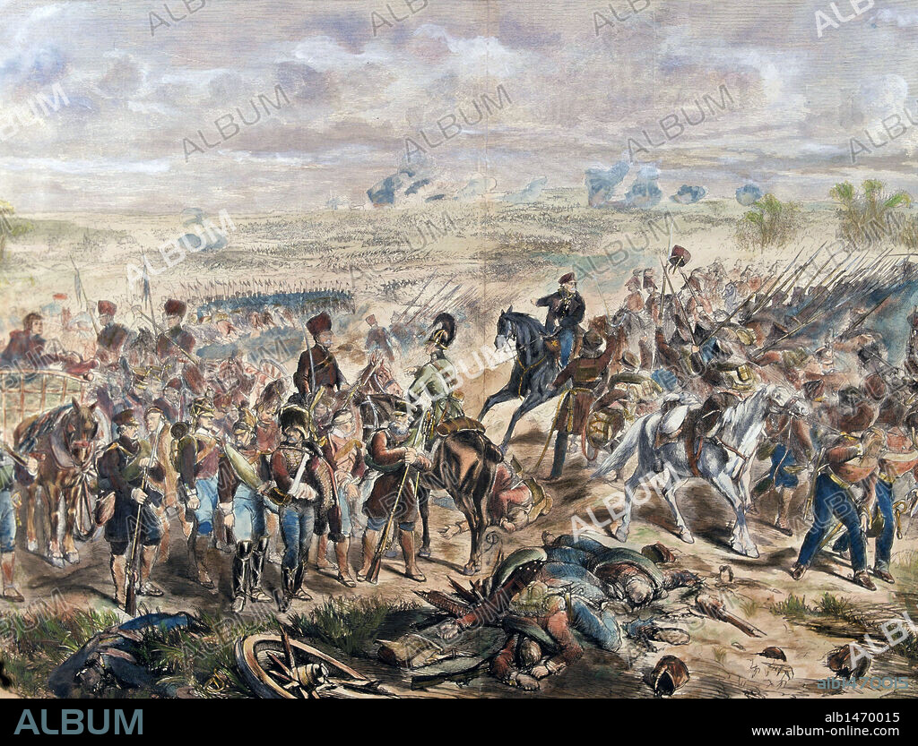 IMPERIO NAPOLEONICO (SIGLO XVIII). GUERRAS NAPOLEONICAS. "BATALLA DE WATERLOO" (18 junio 1815), en la cual el ejército de NAPOLEON fue derrotado por la coalición europea mandada por WELLINGTON. Grabado coloreado del siglo XIX.