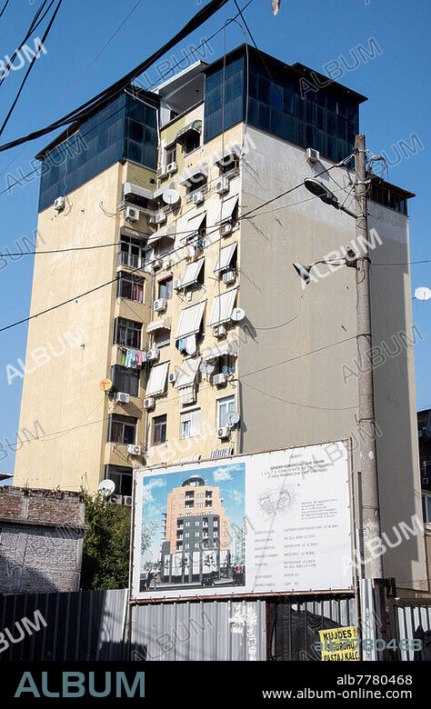 Albania, October 19, 2018, Tirana, construction sign for a major new construction project on Skanderbeg Square.