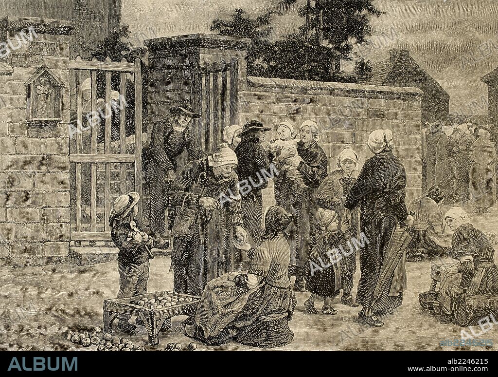 Leon Augustin Lhermitte (1844Ð1925). French painter. Engraving of a work of Lhermitte. The Market for apples. "La Ilustracion Iberica", 1885.