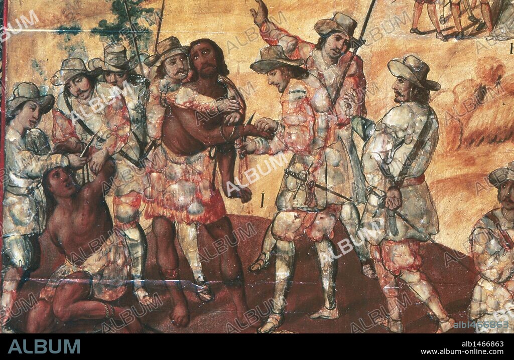 MIGUEL GONZÁLEZ. CONQUISTA DE MEXICO (1519). CONQUISTADORES CORTANDO LAS MANOS A DOS ESPÍAS DE XICOTENCATL. Detalle del cuadro enconchado de Miguel González (1698). Museo de América. Madrid. España.