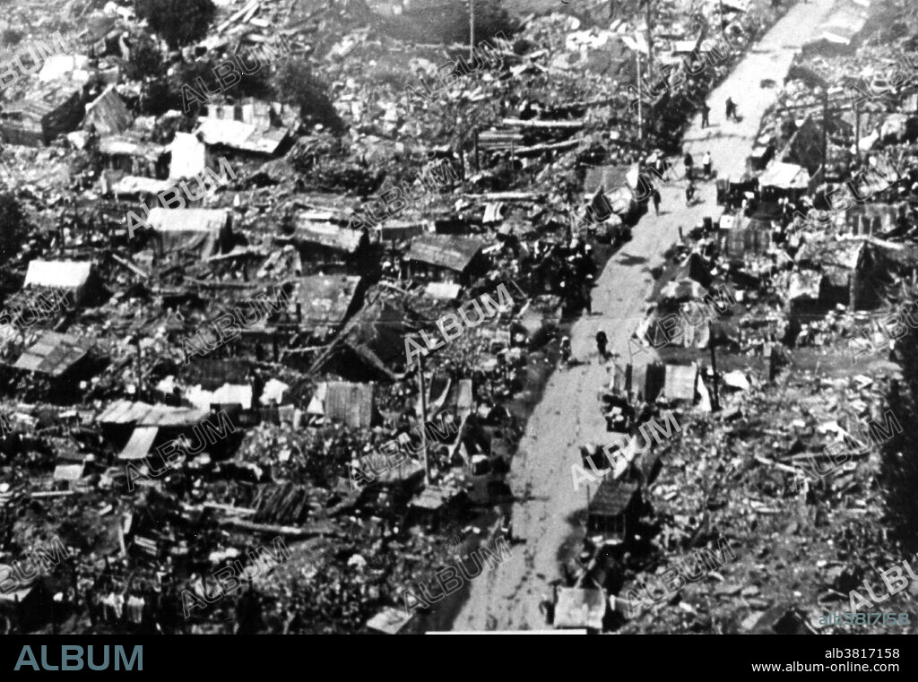 Tangshan, China, Earthquake July 27 UTC (local time July 28), 1976.  Devastation in Tangshan after the earthquake. A few tents and temporary shelters can be seen among the debris. This earthquake occurred in the northeastern part of China, near the coast. The epicenter was centered about 140 kilometers southeast of Beijing, in the vicinity of Tangshan. The first earthquake, magnitude 7.5, was followed by a major aftershock 15 hours later. According to official sources, the two earthquakes killed 242,769 people, although some estimates of the death toll are as high as 655,000. Over 799,000 people were injured. Aftershocks in the 5.0-5.5 range continued after the main shock. Damage extended as far as Beijing.