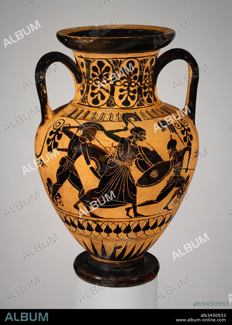 Terracotta neck-amphora (jar), Archaic, ca. 525–500 B.C., Greek, Attic, Terracotta; black-figure, H. 9 1/4 in. (23.5cm.), Vases, Obverse, Athena, Herakles leading Kerberos, and Hermes, Reverse, Battle of gods and giants. According to myth, Kerberos, the guard dog of Hades, may have had as many as one-hundred heads, or fifty heads, or as few as one.