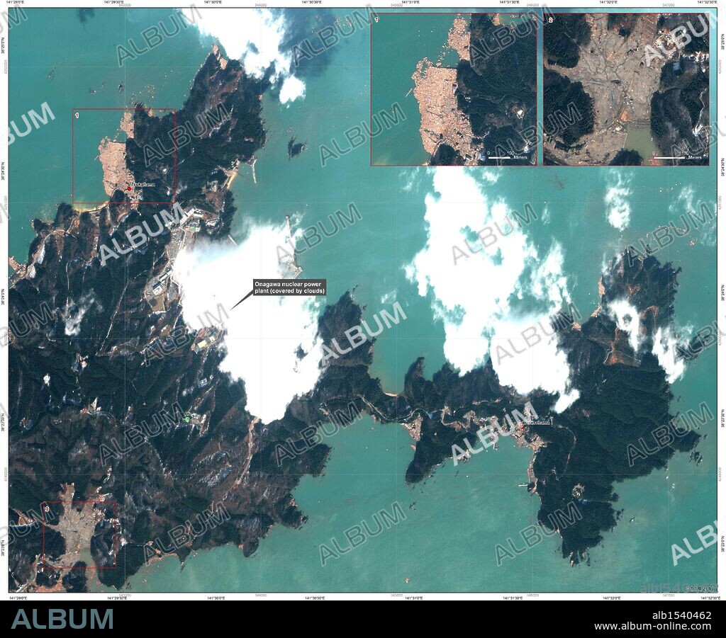 Mar. 13, 2011 - Momonoura, Oshika Peninsula, Japan - A 9.0 magnitude earthquake and resuting tsunami devastated the northeastern region of Japan on Friday, March 11, 2011. These maps and satellite images by the German Aerospace Center (Deutsches Luft- und Raumfahrtzentrum, DLR) provide an overview of the destruction and compares images of the affected areas before and after the disaster. PICTURED: Disaster Extent Map Detail - Japan, Oshika Peninsula - Sheet 4: Onagawa Nuclear Power Plant - Earthquake/Tsunami. March 13, 2011, 16:53 CET - last update on March 13, 2011, 22:47 CET; Map type: Satellite Map; Scale: 1:7,500. Interpretation: The map shows an overview of the Oshika Peninsula in the east of Sendai which was strongly affected by the earthquake/tsunami. (Credit Image: © German Aerospace Center (DLR)/ZUMAPRESS.com). 13/03/2011