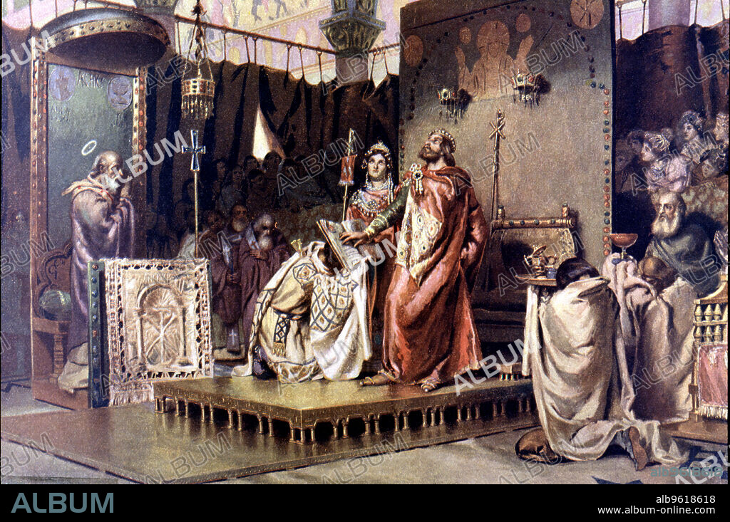 The conversion of Recaredo, the Visigoth King Recaredo I is converted to Christianity in the Third Council of Toledo (589).