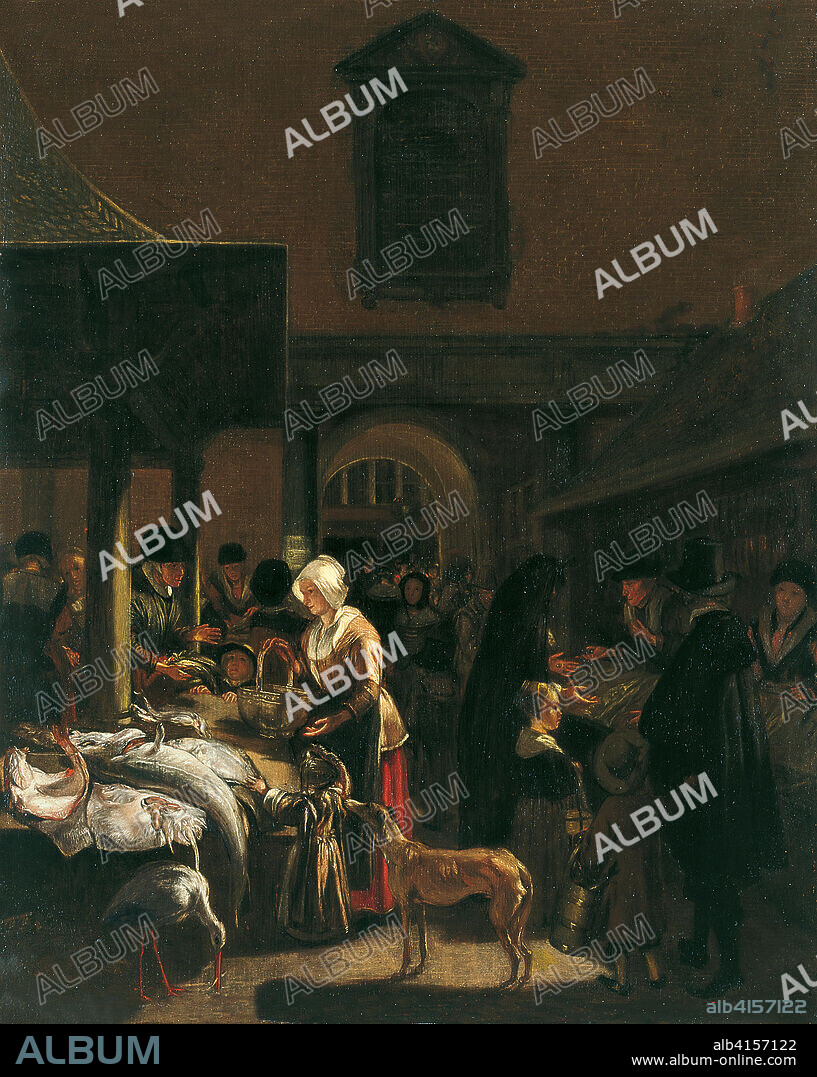 Emanuel de Witte (Alkmaar,  c. 1617-Amsterdam, 1691/1692). El antiguo mercado del pescado en el Dam, Amsterdam (hacia 1650). Óleo sobre tabla. 55 x 44,8 cm.
