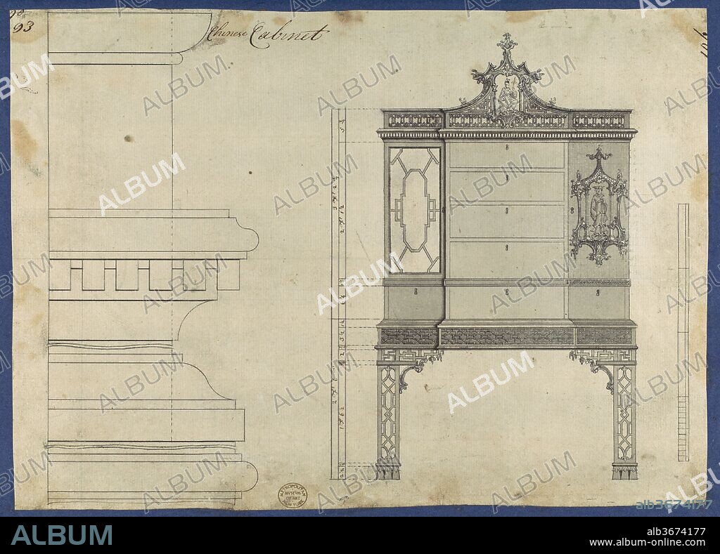 Chinese Cabinet, from Chippendale Drawings, Vol. II. Artist: Thomas Chippendale (British, baptised Otley, West Yorkshire 1718-1779 London). Dimensions: sheet: 8 7/16 x 12 in. (21.4 x 30.4 cm). Published in: London. Date: 1754.
Preparatory drawing for Thomas Chippendale's 'Gentleman and Cabinet Maker's Director'. Published in reverse as plate XCIII in the 1754 and 1755 editions, renumbered as plate CXXIII in the 1762 edition.