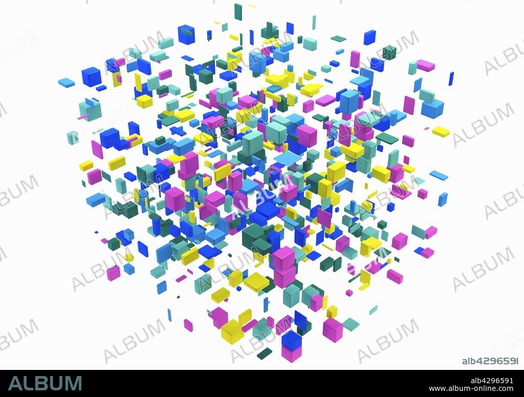 Cluster of small multicolored floating blocks in large cube shape on white background.