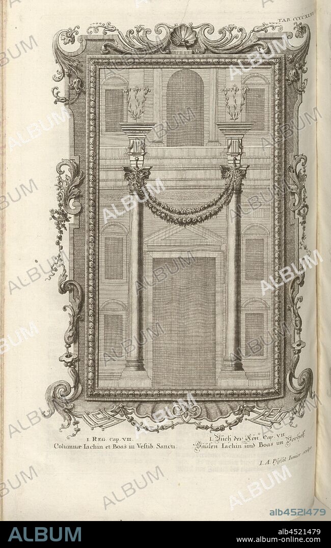 Column Jachin and Boaz in the vestibule. St ., Parallel title: Pillars Jachin and Boas in the forecourt, Signed: J.A. Pfeffel Junior sculps, copperplate, plate CCCCXLVI, Füssli, Johann Melchior; Pfeffel, Johann Andreas der Jüngere (sculps.), 1731, Johann Jakob Scheuchzer: Kupfer-Bibel (...). Augspurg und Ulm: gedruckt bey Christian Ulrich Wagner, 1731-1735.