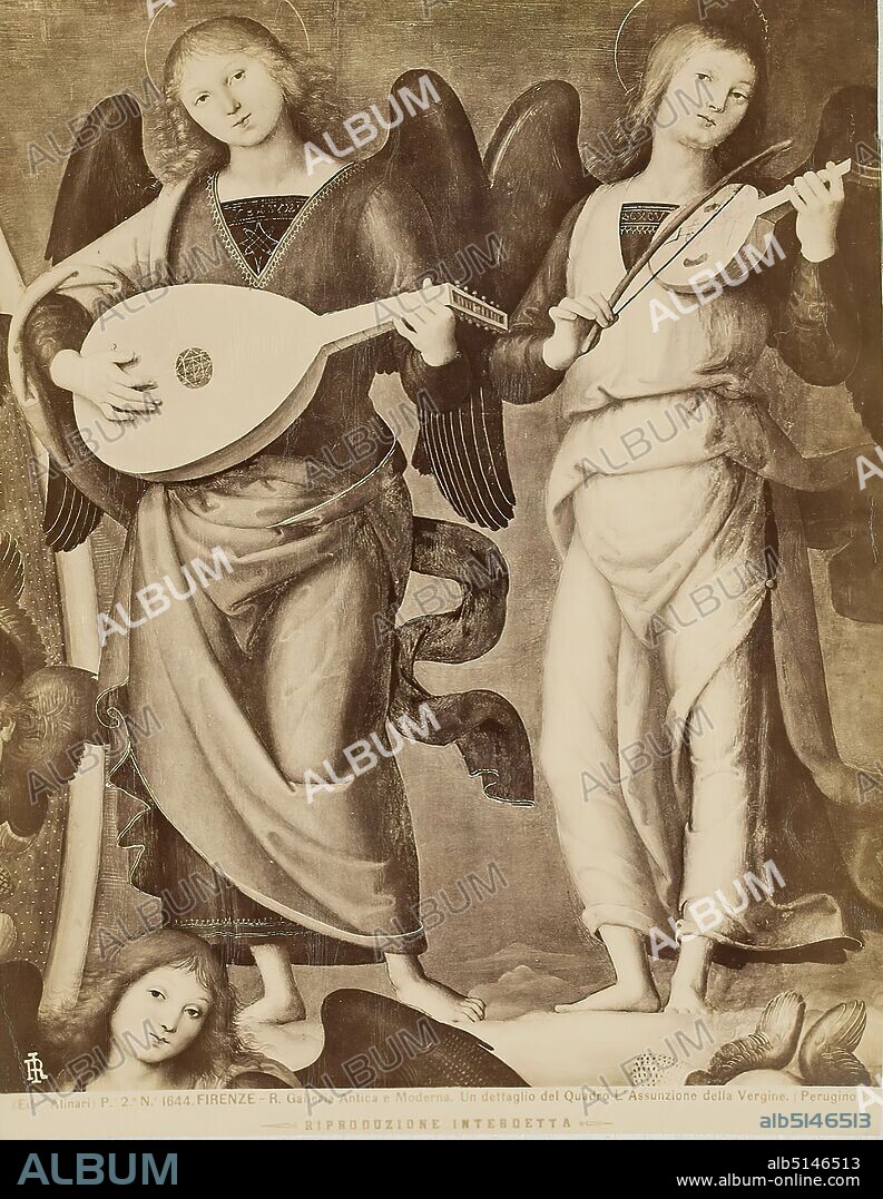 Two angels making music, detail from Pietro Perugino's Assumption of the Virgin Mary (Pala di Vallombrosa), Galleria dell'Accademia, Florence, albumin paper, black and white positive process, image size: height: 24.70 cm; width: 19.20 cm, FIRENZE - R. Galleria Antica e Moderna. Un dettaglio del Quadro L' Assunzione della Vergine. (Perugino). RIPRODUZIONE INTERDETTA. Recto and left monogram , angel (Christian religion), painting.