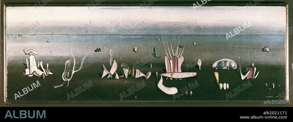 Untitled (Sans titre), by Yves Tanguy, 1934, 20th Century, oil on board, 19 x 55 cm. Private collection. Whole artwork view. In a strange desert primaries life forms.