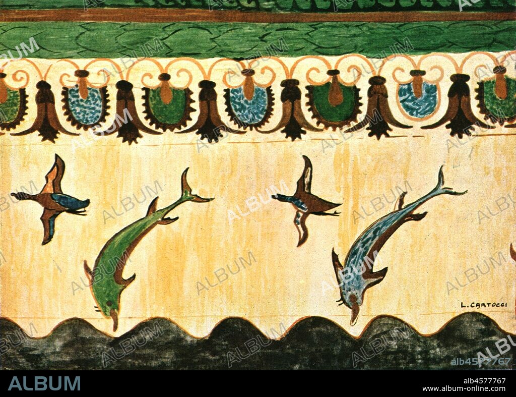 Mural frieze in the Tomb of the Lionesses (Tomba delle Leonesse), Tarquinia, Italy, (1928). Etruscan burial chamber, '1st Half of 6th Century B.C...Flying fish [dolphins] and wild ducks over sea waves, palmette and lotus band above'. After a water-colour by L. Cartocci. Plate XXI, fig 57, from "An Encyclopaedia of Colour Decoration from the Earliest Times to the Middle of the XIXth Century" with explanatory text by Helmuth Bossert. [Ernst Wasmuth Ltd., Berlin, 1928].