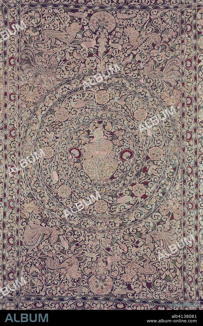 Bedcover Depicting the Five Senses. Portugal. Date: 1675-1725. Dimensions: 278.7 x 197.3 cm (109 3/4 x 77 5/8 in.). Silk, satin weave; embroidered with silk floss in chain stitches; backed and lined with silk, plain weave; edged with silk, warp-faced plain weave with extended ground weft fringe; silk tassels. Origin: Portugal.