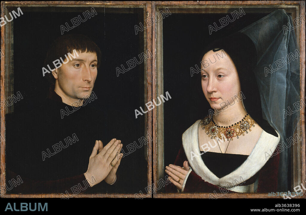Tommaso di Folco Portinari (1428-1501); Maria Portinari (Maria Maddalena Baroncelli, born 1456). Artist: Hans Memling (Netherlandish, Seligenstadt, active by 1465-died 1494 Bruges). Dimensions: (.626, Tommaso) overall 17 3/8 x 13 1/4 in. (44.1 x 33.7 cm), painted surface 16 5/8 x 12 1/2 in. (42.2 x 31.8 cm); (.627, Maria) overall 17 3/8 x 13 3/8 in. (44.1 x 34 cm); painted surface 16 5/8 x 12 5/8 in. (42.2 x 32.1 cm). Date: ca. 1470.

The clever balance of verisimilitude and idealization in the features of this pair made Hans Memling the most sought-after portraitist of his day. The Florentine Tommaso Portinari was the branch manager of the Medici bank in Bruges, and probably commissioned these portraits from Memling upon the couple's marriage in 1470. They originally formed a triptych with a central devotional image of the Virgin and Child. Beyond demonstrating the couple's piety, Maria's elaborate necklace and gown display their wealth and social status. Memling places the sitters before illusionistic frames, an innovation suggesting that the figures project into our space.