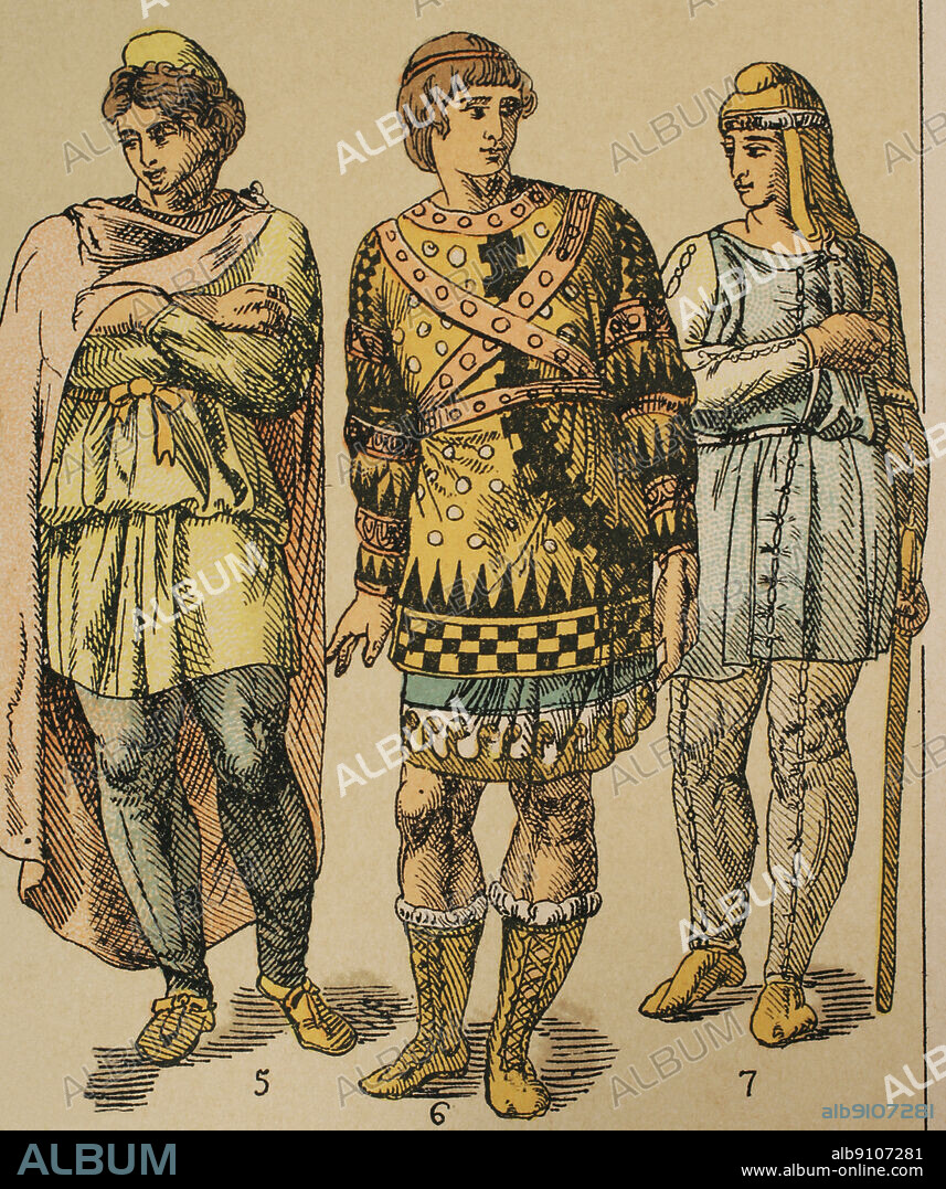 Historia Antigua. Península Anatólica. Lidios, frigios y troyanos. De izquierda a derecha; 5: traje de estilo persa con dos cinturones, 6-7: trajes sobrepuestos, uno solo con mangas. Cromolitografía. "Historia Universal" por César Cantú. Tomo I, 1881.