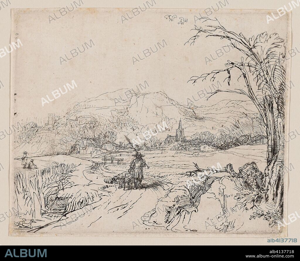 REMBRANDT HARMENSZOON VAN RIJN. Landscape with Sportsman and Dogs. Rembrandt van Rijn; Dutch, 1606-1669. Date: 1643-1653. Dimensions: 128 x 156 mm (image/plate); 132 x 161 mm (sheet). Etching in black on cream laid paper. Origin: Holland.