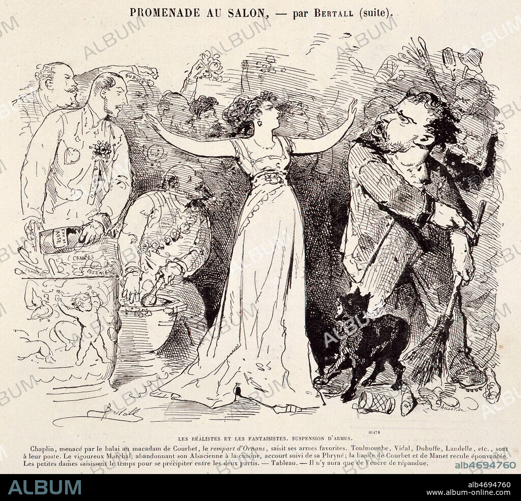 'Promenade au salon : les Realistes et les Fantaisistes, suspension d'armes, il n'y aura que de l'encre repandue' : caricature du Realisme avec a droite, pres a en decoudre, Gustave COURBET (1819-1877) et Edouard MANET, realisee par BERTALL (1820-1882) pour 'Le Journal amusant' du 06/06/1868. Credit : Collection KHARBINE-TAPABOR.