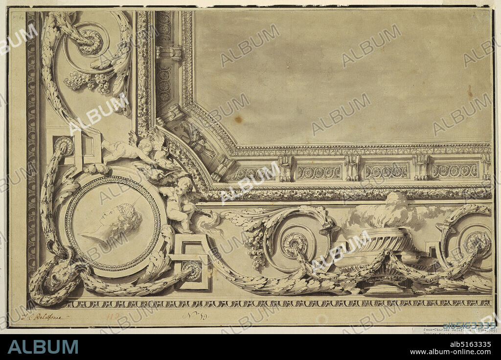 Design for Cornice of Oblong Ceiling, Jean-Charles Delafosse, French, 17341791, Pen and black ink, brush and grey and black wash, graphite, One quarter of the ceiling is shown. A circular medallion portrait of a woman is obliquely shown over a satyr mask and festoons in the corner. It is topped by a pair of doves, Cupid and Hymen. The sides are to show censers between acanthus spirals and behind festoons., France, 177080, architecture, Drawing, Drawing.
