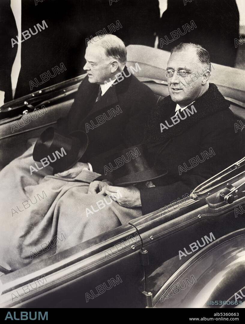 U.S. President Herbert Hoover and U.S. President-Elect Franklin Roosevelt in Convertible Automobile on way to U.S. Capitol for Roosevelt's Inauguration, Washington, D.C., USA, Architect of the Capitol Collection, March 4, 1933.
