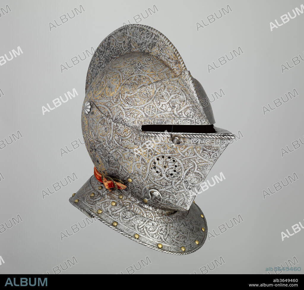 Close Helmet of Claude Gouffier (1501-1570). Culture: French. Dimensions: H. 15 3/4 in. (40 cm); W. 8 1/4 in. (21 cm); D. 14 1/2 in. (36.8 cm); Wt. 6 lb. 5 oz. (2863 g). Date: ca. 1555-60.
This is an excellent example of a French heavy cavalry helmet of the mid-sixteenth century. Its elaborate decoration includes the monogram of Claude Gouffier (1501-1570), Master of the Horse (Grand Écuyer) for Henry II and Charles IX. This monogram is also on a knee piece from the armor of Gouffier's in the Metropolitan Museum's collection (acc. no. 1994.390).