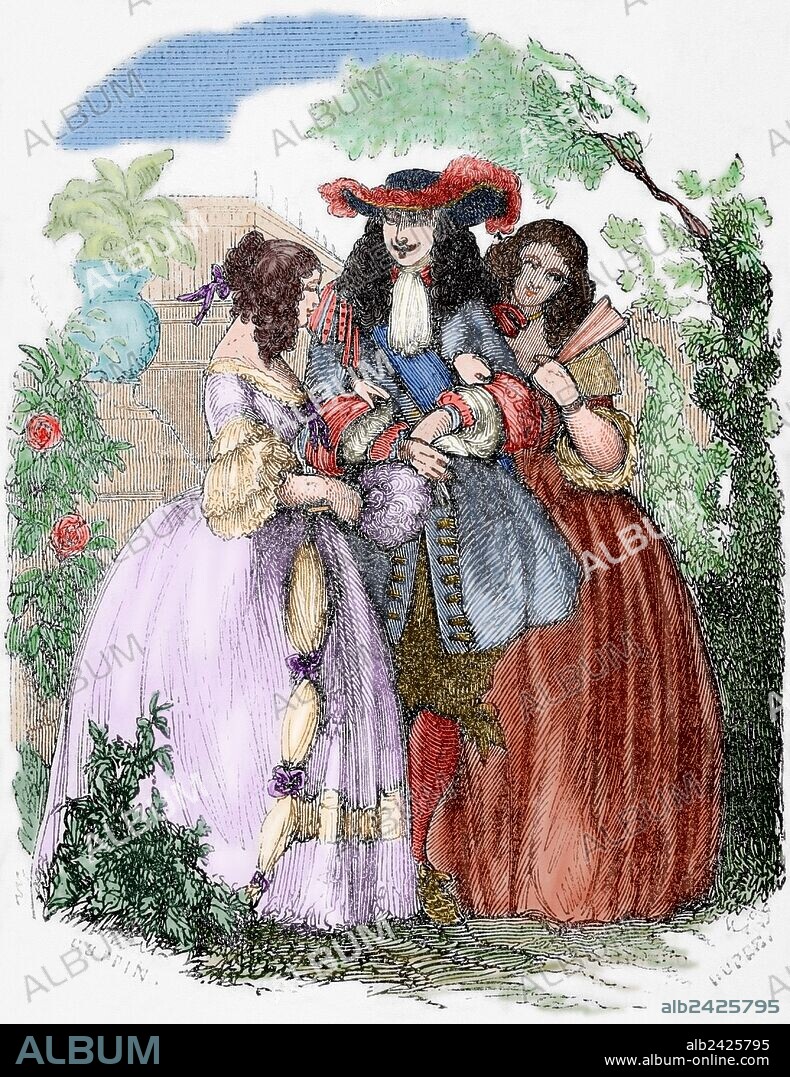 LUIS XIV, el REY SOL (Saint Germain-en-Laye,1638-Versalles,1715). Rey de Francia (1643-1715), primogénito de Luis XIII. "El joven rey paseando junto a las hermanas Mancini, sobrinas del cardenal Mazarino". Se enamoraría de una de ellas, María. Grabado coloreado.