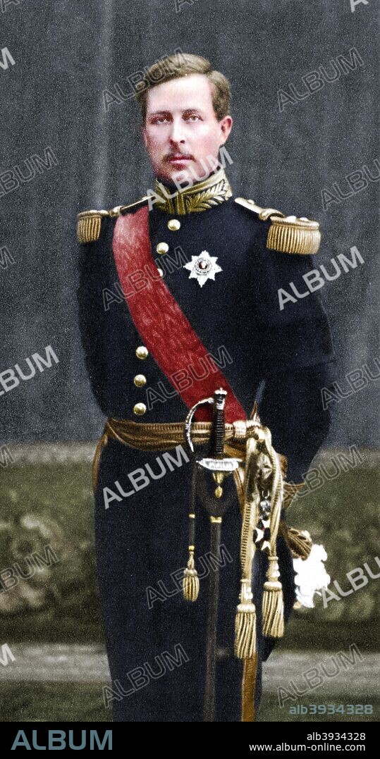 Albert I (1875-1934), King of the Belgians from 1909, in military uniform. Albert I commanded the Belgian army in World War I. He was killed in 1934 in a mountaineering accident in the Ardennes. (Colorised black and white print).