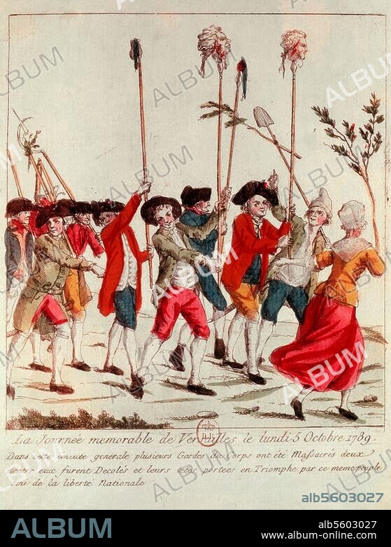 ANONYM. Französische Revolution:. Zug der Pariser Marktweiber nach Versailles am 5. Oktober 1789. (Zweite große sansculottische Journée). "La Journée memorable de Versailles (...) ". Zeitgenössische Radierung, koloriert. Paris, Bibliothèque Nationale.