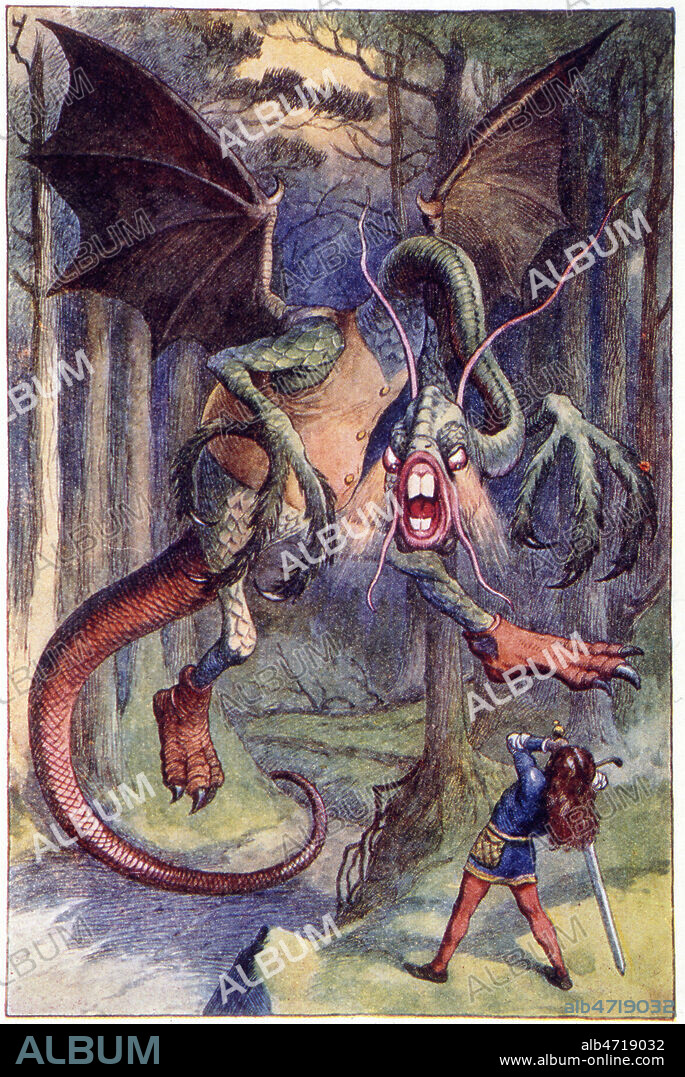 Chevalier combattant un dragon "¿Beware the Jabberwock, my son!. The jaws that bite, the claws that catch! (...) The jabberwock with eyes of flame..." Poeme du Jabberwocky ou Jabberwock integre dans le roman, dans un livre qu'Alice trouve et qu'elle arrive a lire quand elle le tient devant un miroir. Illustration de John TENNIEL (1820-1914) pour A travers le miroir par Lewis CARROLL (1832-1898), suite d'Alice au pays des merveilles. Credit : Collection KHARBINE-TAPABOR.