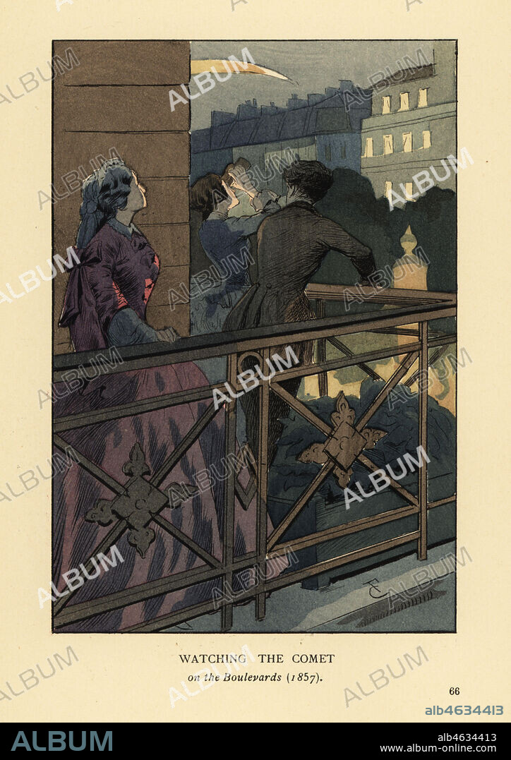 Fashionable people watching the comet of 1857 from a boulevard balcony, Paris. Woman in crinoline with binoculars. Handcoloured lithograph by R.V. after an illustration by Francois Courboin from Octave Uzannes Fashion in Paris, William Heinemann, London, 1898.