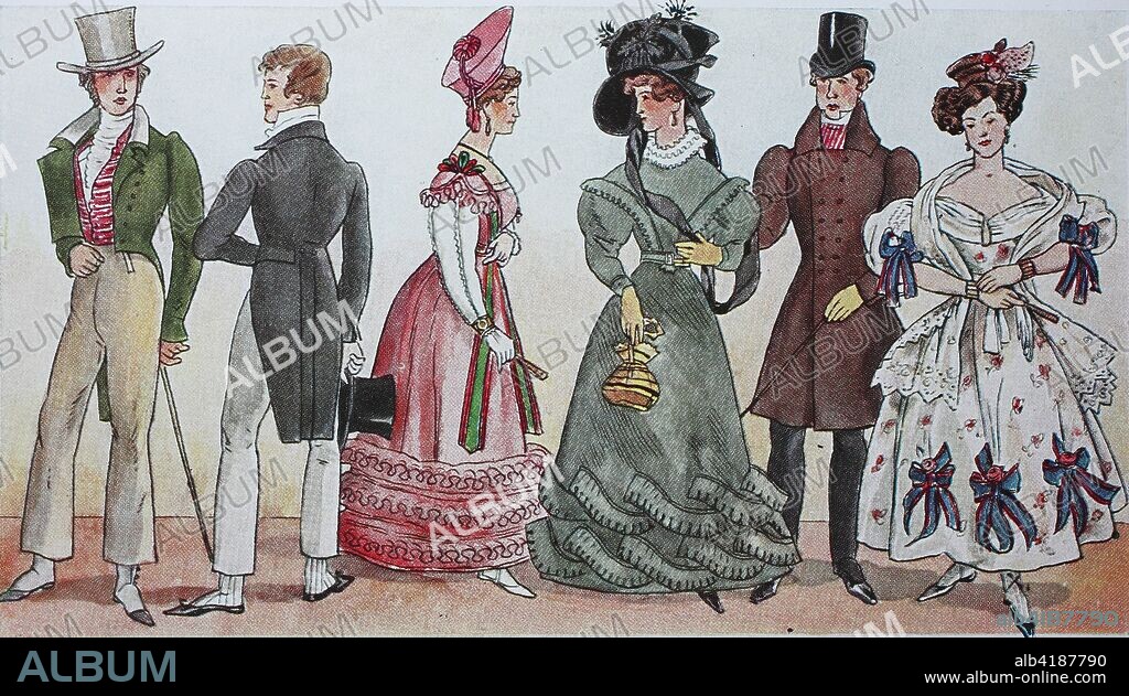 Fashion, clothing, the Biedermeier fashion in Germany, from the left, twice men's clothing from 1819, then a lady from 1826, a woman and a man in street clothes from 1829, and a lady in fine clothes of the better society of 1832, digital improved reproduction from an original from the year 1900.